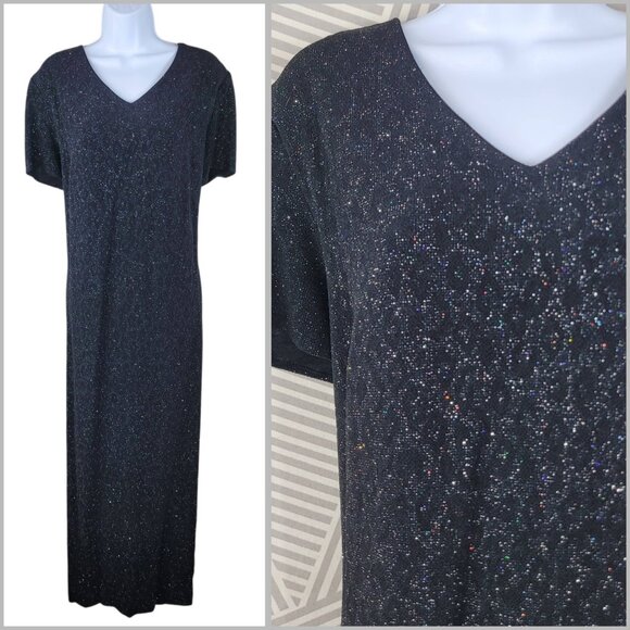 Vintage 90s Evening Dress Maxi Size 16 18 Multi Glitter Formal Prom Black Event - Picture 1 of 11